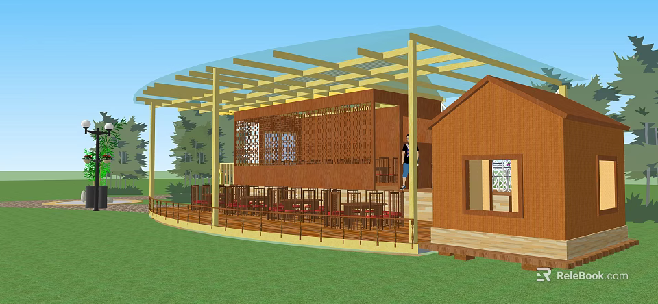 Outdoor Dining Space With Glass Roof Yellow Columns Wooden Railing And Red Brick Building 3d model 