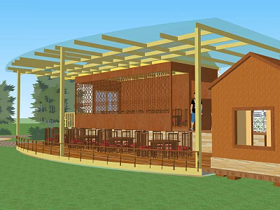 Outdoor Dining Space With Glass Roof Yellow Columns Wooden Railing And Red Brick Building 3d model