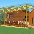 Outdoor Dining Space With Glass Roof Yellow Columns Wooden Railing And Red Brick Building