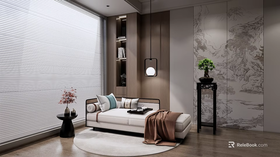 Chinese Style Chaise Lounge In Modern Interior With Wooden Walls Green Plant And Round Rug 3d model 