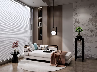 Chinese Style Chaise Lounge In Modern Interior With Wooden Walls Green Plant And Round Rug 3d model