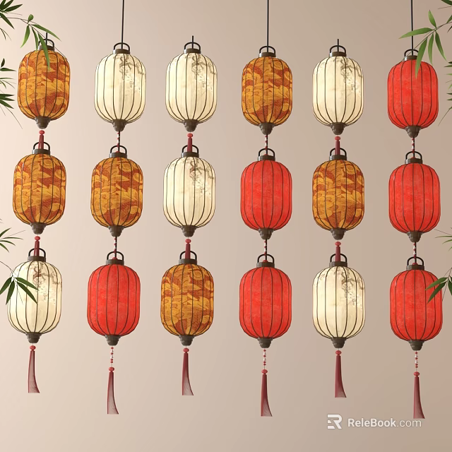 Colorful Traditional Chinese Lanterns Hanging With Red Yellow White Patterns And Tassels 3d model 