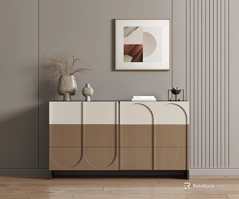 Modern Entryway Cabinet And Side Cabinet With Decorative Vases Books Painting On Grey Wall 3d model 