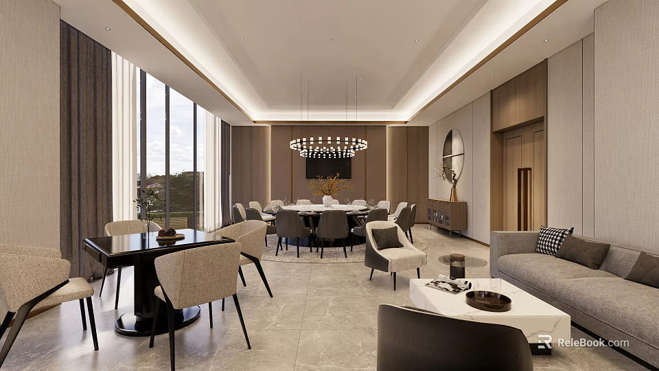 Spacious Modern Private Box Interior With Large Windows Chandelier Dining Table And Sofa 3d model