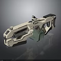 Futuristic Sci Fi Weapon With Beige And Green Mechanical Components Barrel Grip And Tactical Features