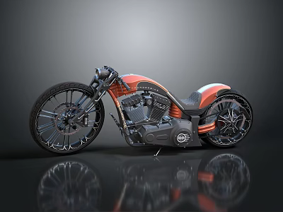 Custom Orange And Black Motorcycle With Unique Spoke Wheels And Streamlined Body 3d model