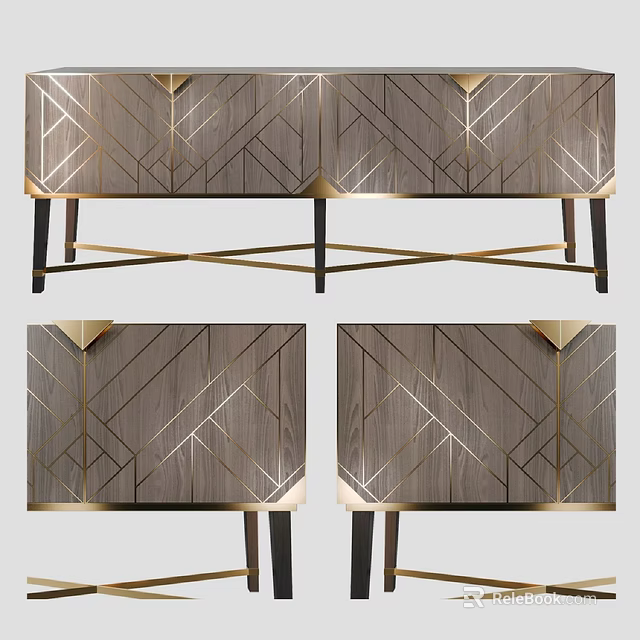 Modern Entryway Console Table And Side Cabinet With Wood Grain Geometric Pattern Gold Accents 3d model 
