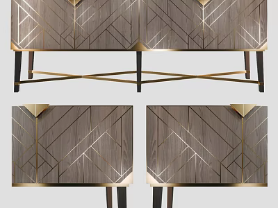 Modern Entryway Console Table And Side Cabinet With Wood Grain Geometric Pattern Gold Accents 3d model