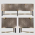 Modern Entryway Console Table And Side Cabinet With Wood Grain Geometric Pattern Gold Accents