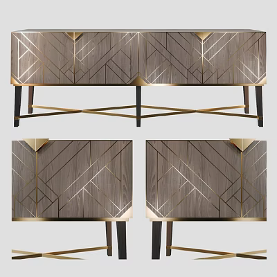 Modern Entryway Console Table And Side Cabinet With Wood Grain Geometric Pattern Gold Accents 3d model
