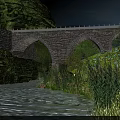 Stone Arch Bridge Surrounded by Green Mountains and River with Trees and Vegetation