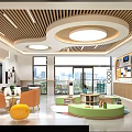 Child Friendly Indoor Activity Space With Wooden Slats Ceiling Circular Lights And Green Area
