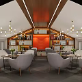 Modern Lounge Area Interior With Wooden Bar Counter High Stools Hanging Lights And Green Plant