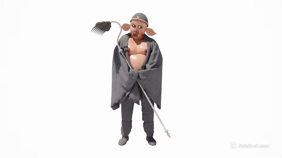 Fantasy Game Character With Pig Face Gray Robe And Rake Weapon 3d model 