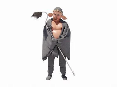 Fantasy Game Character With Pig Face Gray Robe And Rake Weapon 3d model
