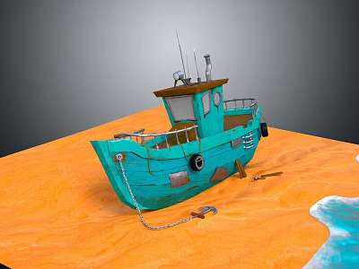 Turquoise Wooden Boat On Orange Sand Beach Near Ocean Water With Cabin Chain 3d model