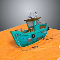 Turquoise Wooden Boat On Orange Sand Beach Near Ocean Water With Cabin Chain