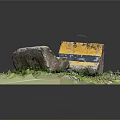 Miniature Scene Model With Yellow Black Ramp Gray Stone Block And Green Grass On Base