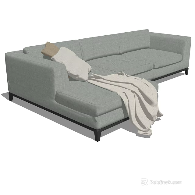 Light Gray L Shaped Sectional Sofa With Throw Pillow Blanket And Dark Legs 3d model