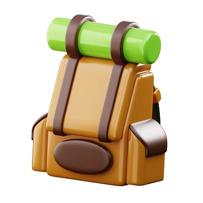 Decorative Ornament Set Featuring Brown Backpack With Green Cylindrical Top And Brown Straps 3d model
