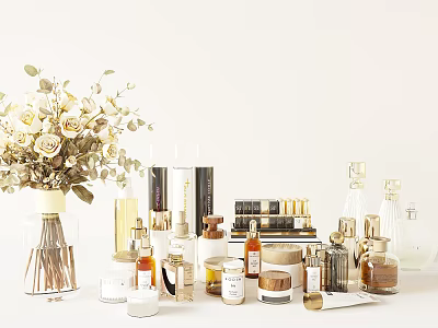 Perfume And Cosmetics Display With Flowers 3d model