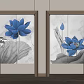 Decorative Kitchen Curtains With Blue Lotus Flower And Gray Leaf Design