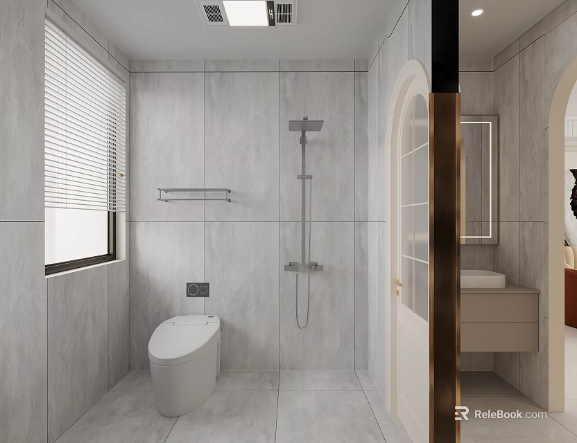 Modern Bathroom Interior Design With Gray Tiles Smart Toilet Shower Head And Window Blinds 3d model 