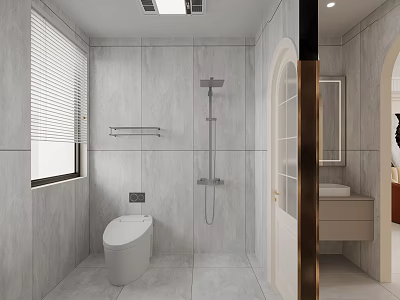 Modern Bathroom Interior Design With Gray Tiles Smart Toilet Shower Head And Window Blinds 3d model