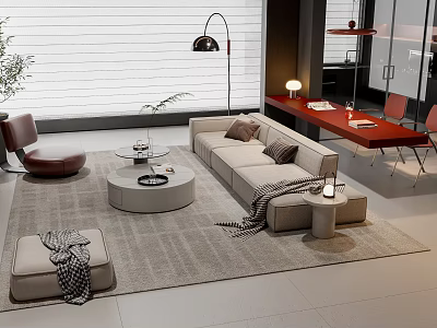 Modern Sofa and Round Coffee Table Set With Area Rug Throw Pillows and Floor Lamp 3d model