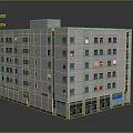 Modern Multi Story Residential Building With Gray Facade Illuminated Windows And Ground Floor Shops