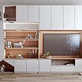 Modern TV Wall Unit Design With White Cabinets Wooden Shelves And Decorative Plants