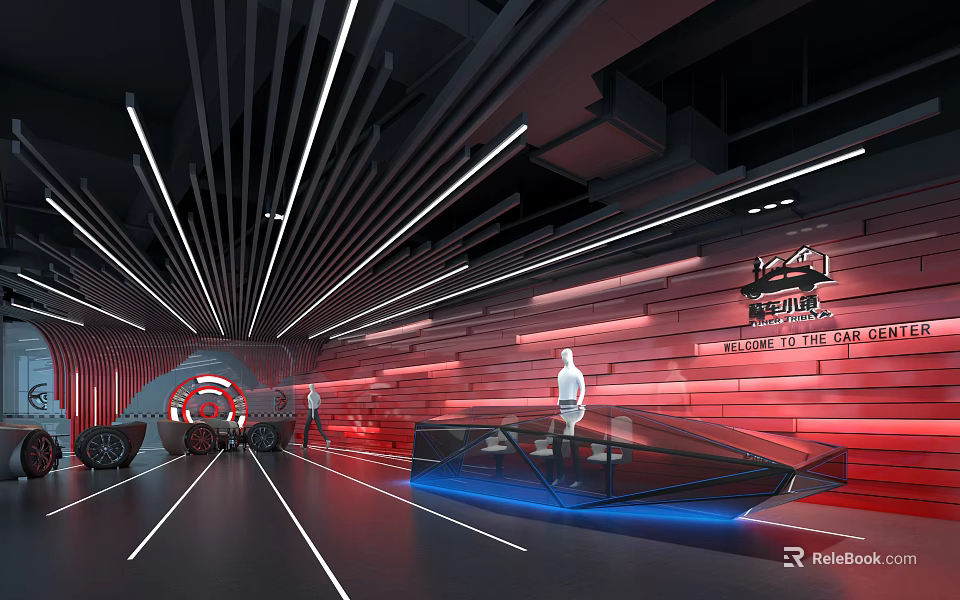 Modern Tech Exhibition Hall Reception With Red Background Wall Glass Counter And Light Strips 3d model 