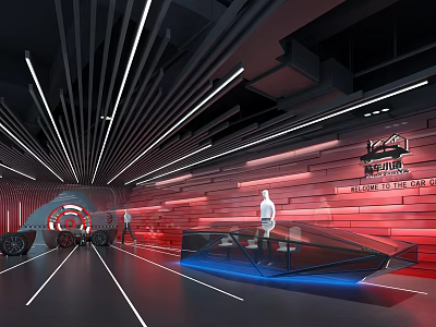 Modern Tech Exhibition Hall Reception With Red Background Wall Glass Counter And Light Strips 3d model