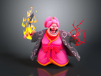 Fantasy Character With Pink Hair In Kimono Holding Flame And Red Lightning With Exaggerated Expression 3d model