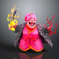 Fantasy Character With Pink Hair In Kimono Holding Flame And Red Lightning With Exaggerated Expression