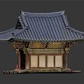Traditional Korean Architecture Model With Gray Tile Roof Red Columns And Decorative Doors