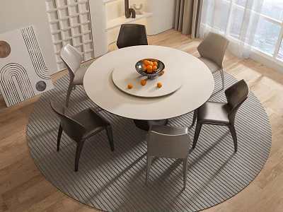 Round Dining Table Set with Chairs and Fruit Bowl with Oranges on Circular Rug 3d model