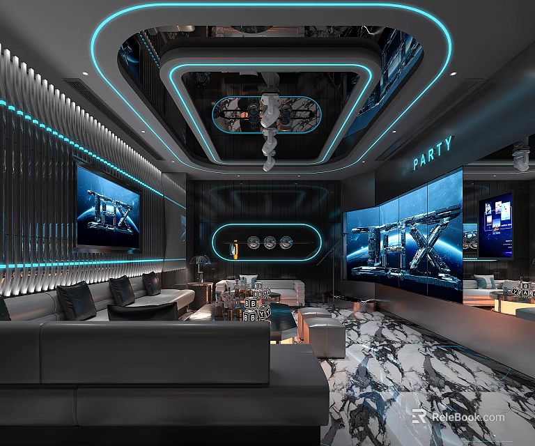 Modern Luxury KTV Interior With Multiple Screens Sofas Marble Floor And Neon Decor 3d model 