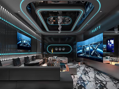 Modern Luxury KTV Interior With Multiple Screens Sofas Marble Floor And Neon Decor 3d model