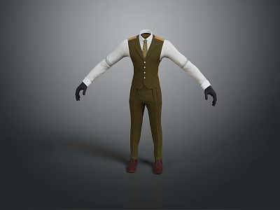 Stylish Men's Outfit with White Shirt Brown Vest Trousers Black Gloves and Brown Shoes 3d model