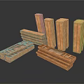 Wooden Rectangular Blocks And Long Strips With Brown Textured Surface Stacked And Arranged 3d model