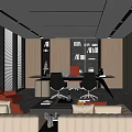 Modern Office Interior Design With Spacious Workspace Large Windows Wooden Bookshelves White Sofas Leather Armchair