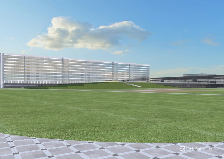 Modern Hospital Building With Glass Curtain Walls And Green Lawn Area 3d model 