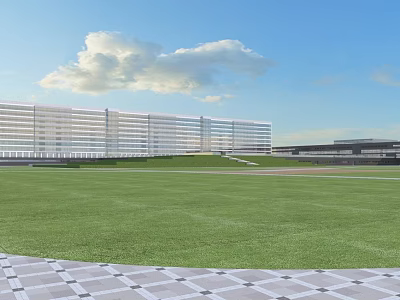 Modern Hospital Building With Glass Curtain Walls And Green Lawn Area 3d model
