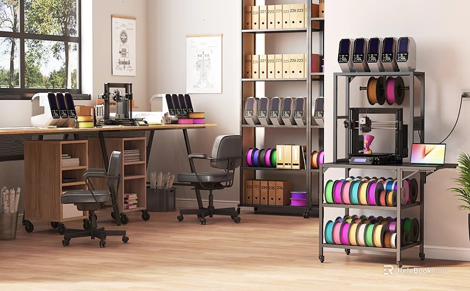 Organized Office Workspace With Wooden Desk Chairs Bookshelves And Storage Racks 3d model 