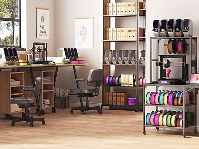 Organized Office Workspace With Wooden Desk Chairs Bookshelves And Storage Racks 3d model
