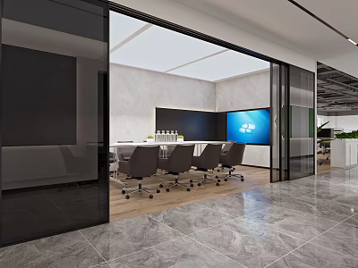 Modern Conference Room With Glass Partitions Long Table Black Chairs And Large Screen 3d model