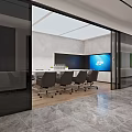Modern Conference Room With Glass Partitions Long Table Black Chairs And Large Screen