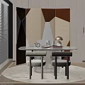Stylish Dining Table Set with Marble Tabletop Round Base and Multicolored Armrest Chairs 3d model