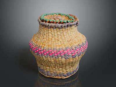 Handwoven Storage Basket With Colorful Stripes Natural Material Home Organizer 3d model
